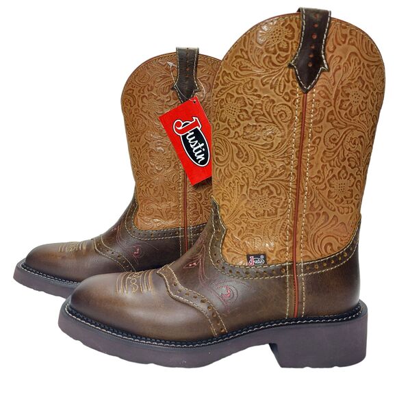 Justin Gypsy Boots Sz 6.5 Welt Saddle Stitch Floral Embossed J-Flex Cowboy Boots - Picture 5 of 9